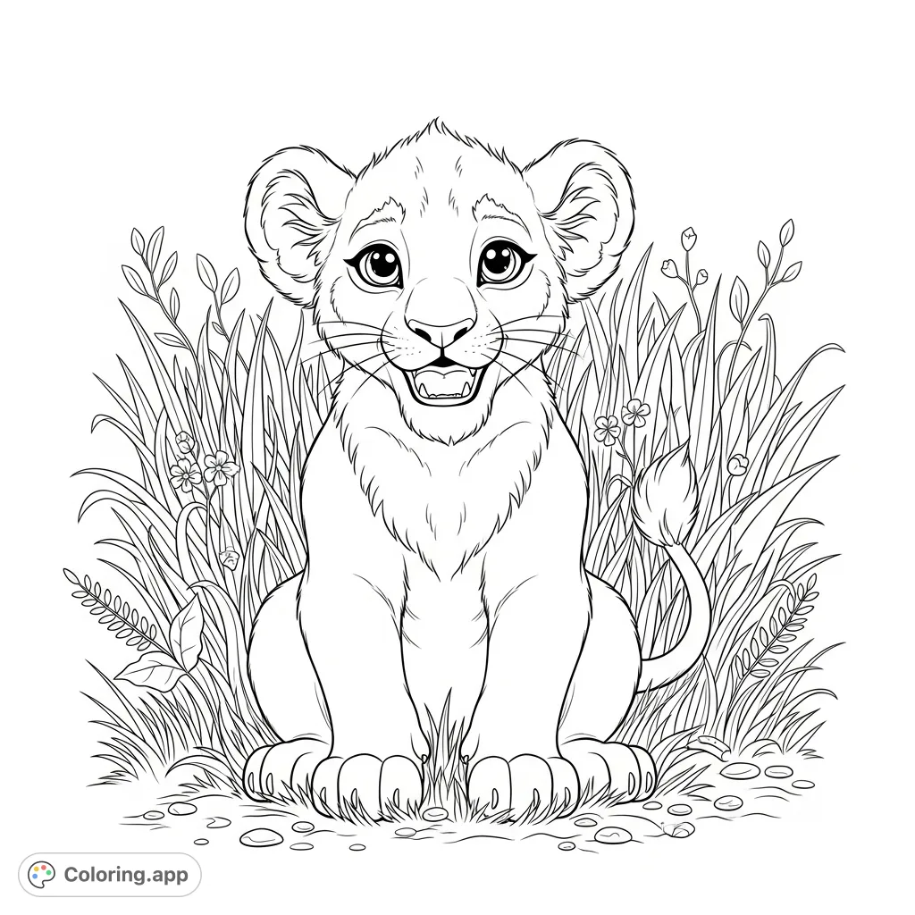 A charming realistic cartoon lion cub sits smiling amidst a field of grass, ready for a burst of creative colors. Perfect for young animal lovers.