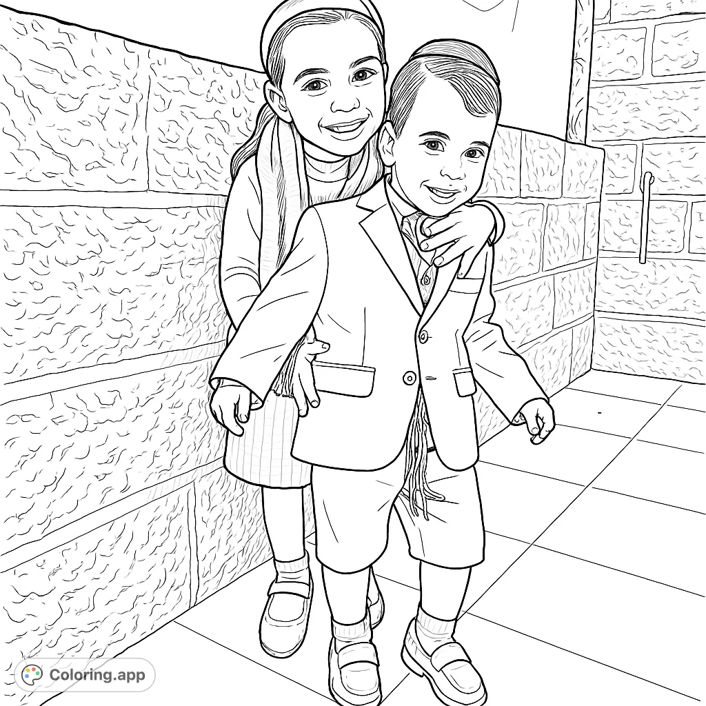 Capture the warmth of family with this delightful coloring page featuring two smiling children. Perfect for all ages, offering a charming scene to personalize.