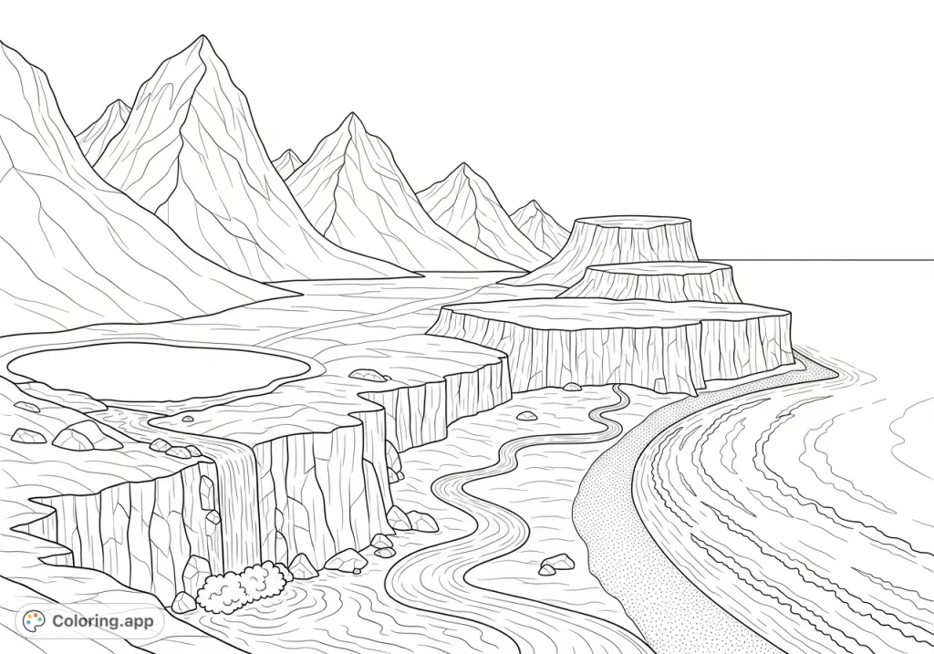 Explore a stunning landforms coloring page featuring majestic mountains, a serene lake, a cascading waterfall, and a vast ocean with a sandy beach.