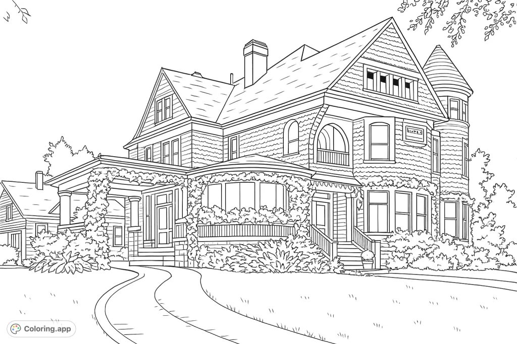 Explore a grand Victorian mansion with intricate details, a charming turret, and lush gardens. A perfect historic house coloring page.