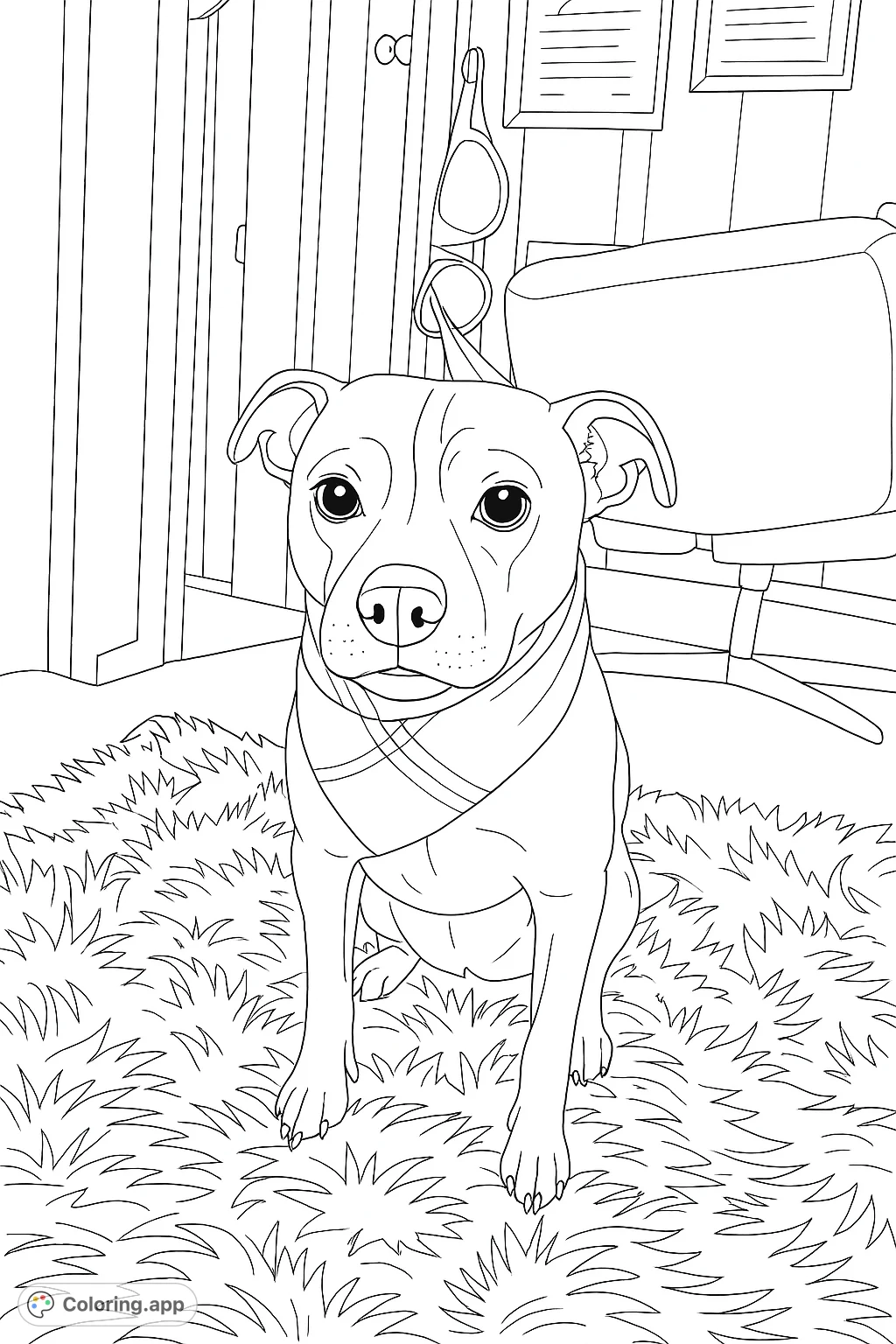 A charming dog wearing a plaid bandana sits on a shaggy rug, ready for a creative coloring adventure. Perfect for pet lovers!