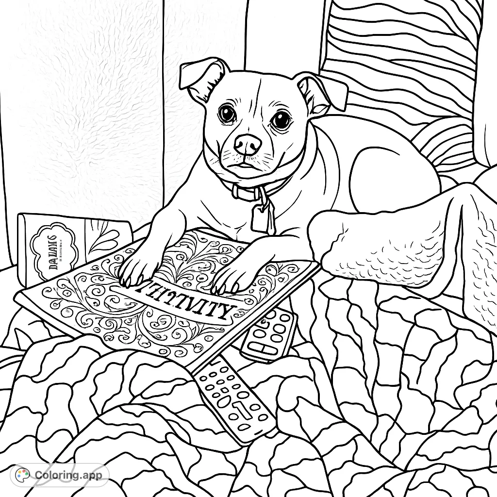 A charming dog relaxes on a bed with a book and blankets, offering a delightful scene for a cozy coloring experience. Perfect for animal lovers!