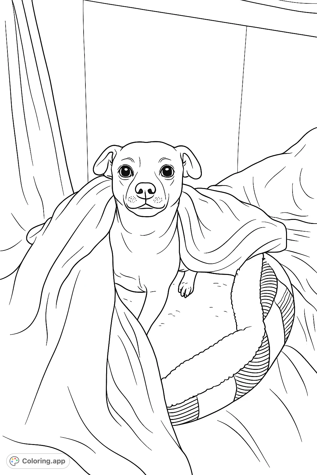 An adorable small dog peeking from a cozy blanket, ready for a relaxing coloring session. Perfect for pet lovers of all ages.