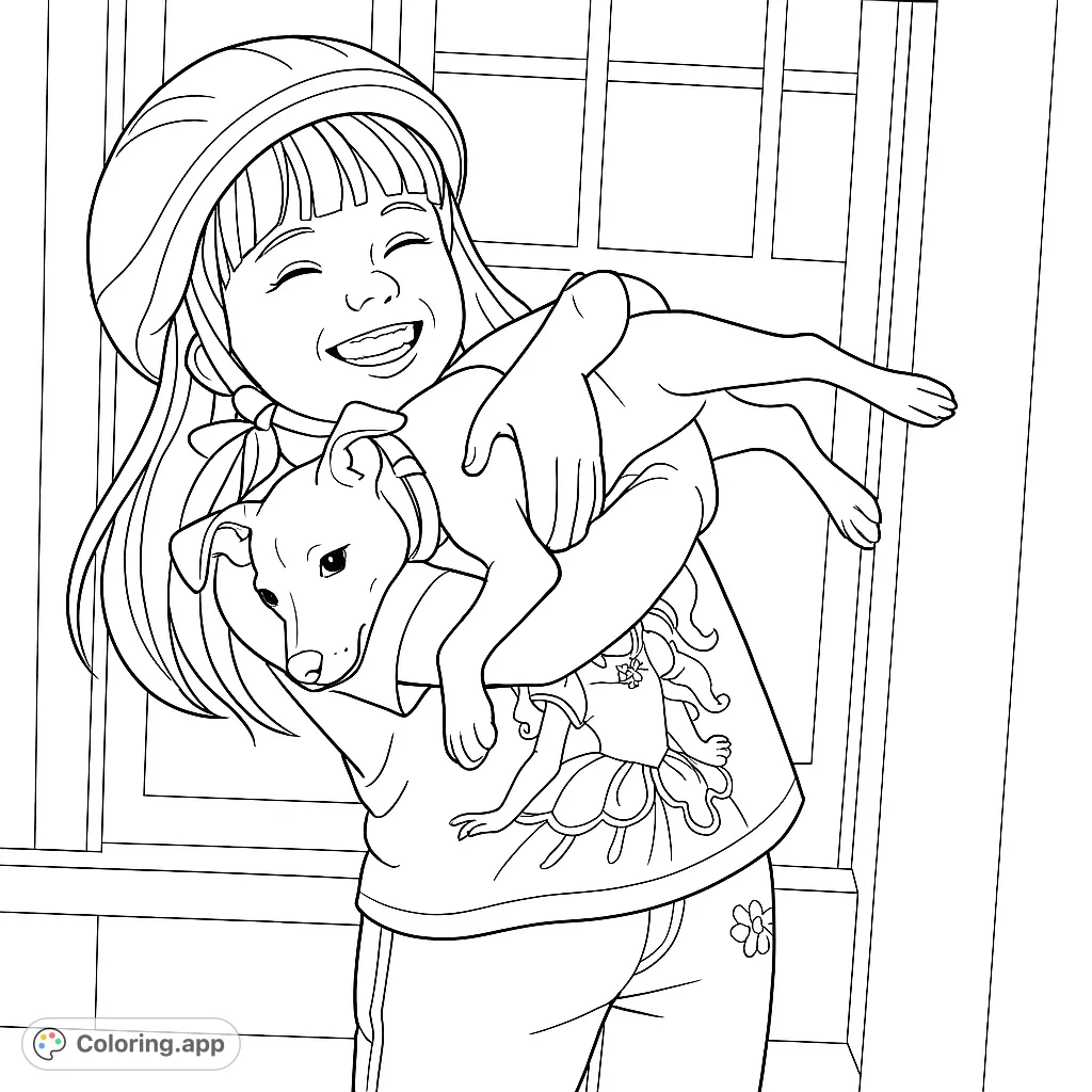 A heartwarming coloring page featuring a smiling girl gently cradling her adorable puppy. Perfect for animal lovers and a joyful coloring experience.