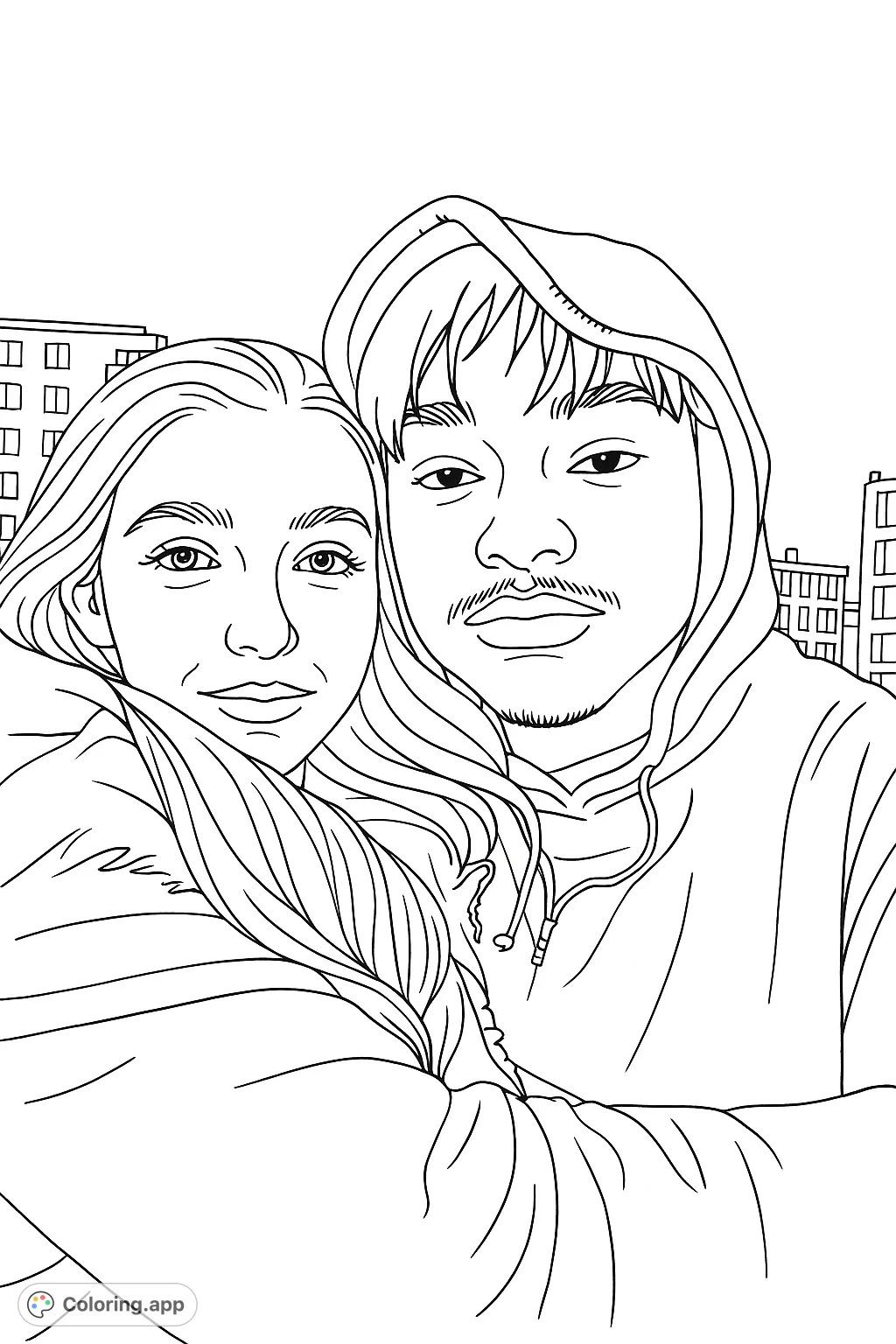Capture the bond of two individuals in this close-up portrait. Features a woman with flowing hair and a man in a hooded jacket against a subtle night sky.