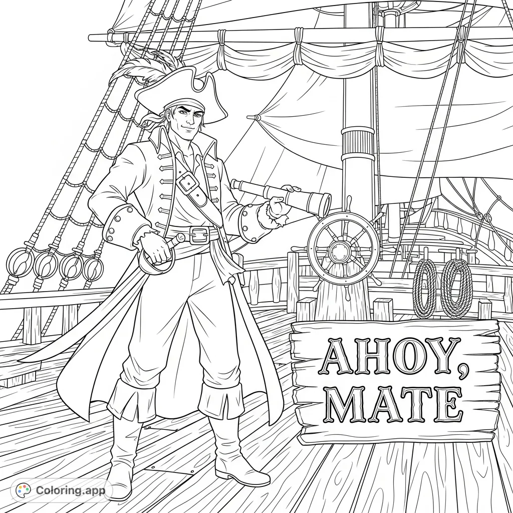 Embark on a swashbuckling adventure with a dashing pirate captain standing proudly on his ship's deck, featuring the bold text 'AHOY, MATE'.