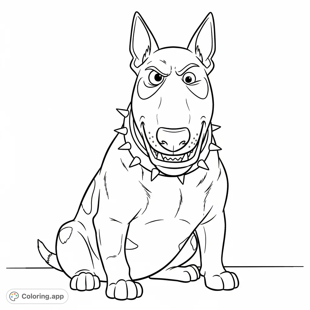 Color Scud, the menacing English bull terrier from Toy Story, with his spiked collar and growling expression. A fun, free printable coloring page!