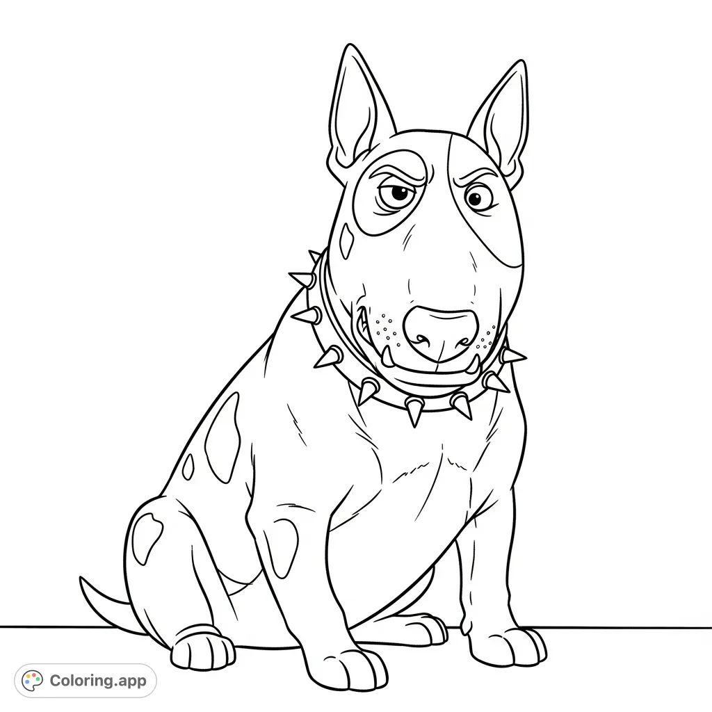 Color this detailed Scud coloring page, featuring the English bull terrier from Toy Story with his distinctive patches and spiked collar, growling.
