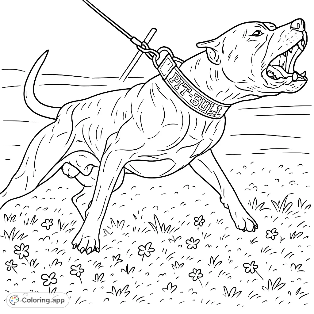 Capture the raw power of a muscular dog in a dynamic lunge, mouth open, on a leash in a grassy field. A challenging and engaging coloring experience.