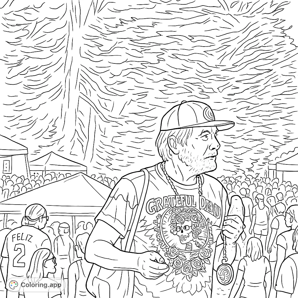 A detailed coloring page of a man at a festival, wearing a tie-dye skull shirt and a cap, set against a backdrop of a crowd and trees.