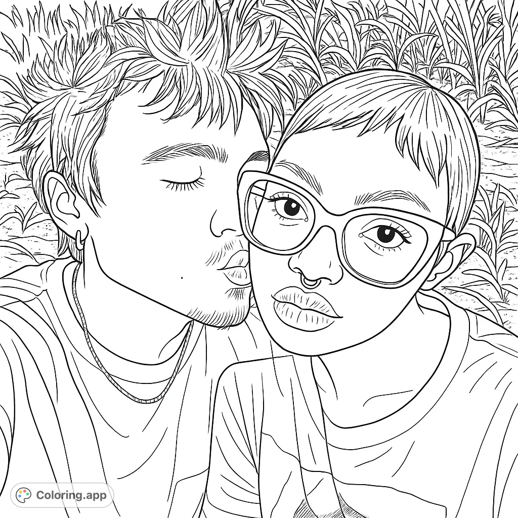 Capture a tender outdoor moment with a person kissing another's cheek. Features detailed hair, glasses, and a nose ring, perfect for a romantic coloring page.