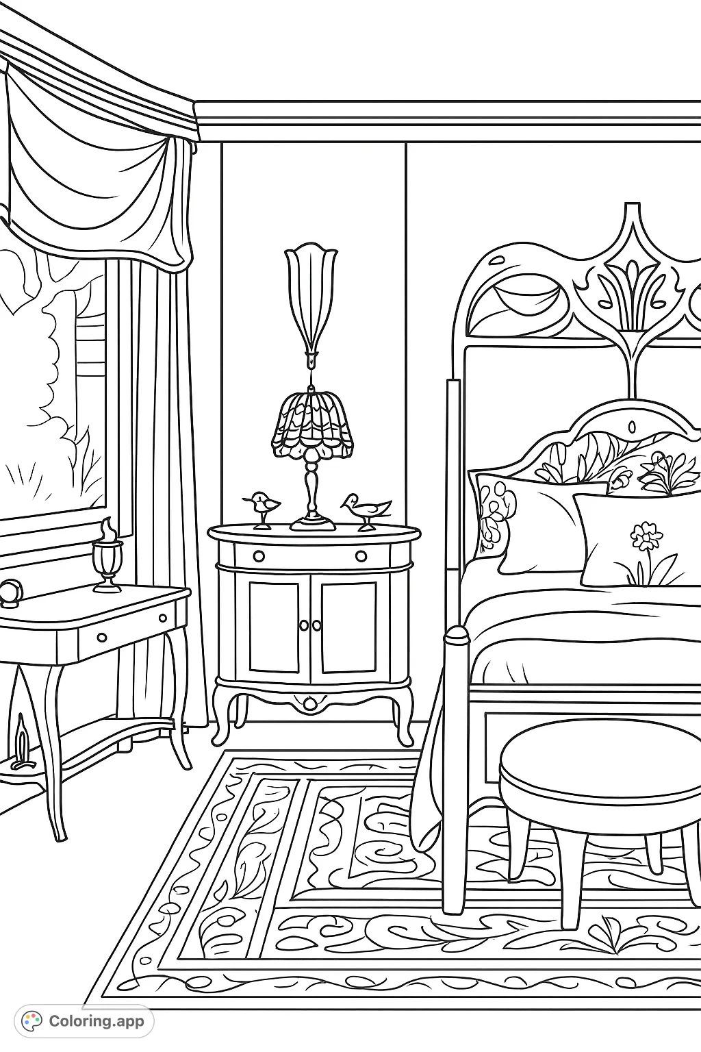Immerse yourself in an elegant Art Nouveau bedroom, featuring intricate furniture, decorative lamps, and a detailed rug. A luxurious interior coloring page.
