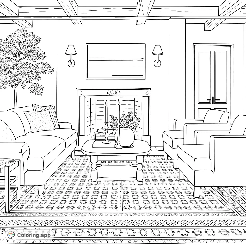 Immerse yourself in a detailed living room scene with a fireplace, comfortable furniture, and intricate rug patterns. A perfect cozy interior coloring page.