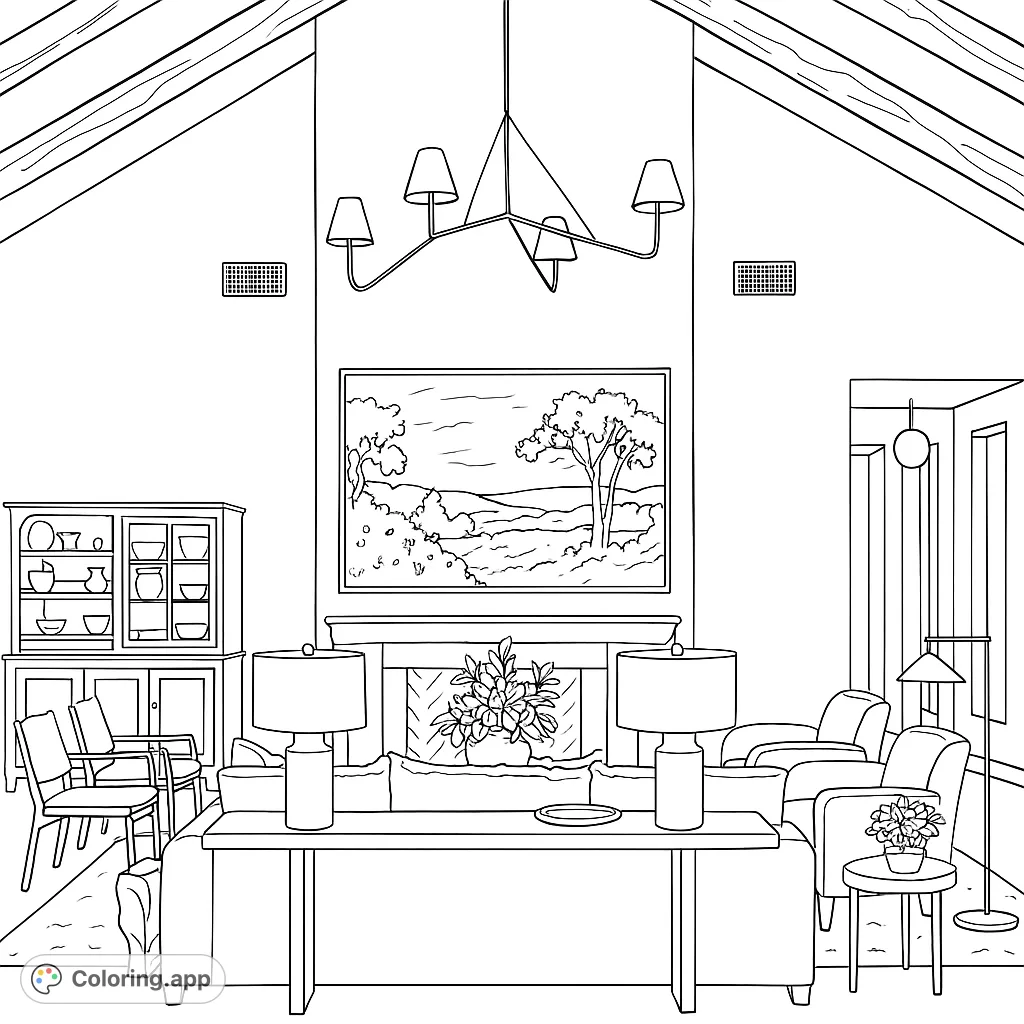 An elegant living room with a vaulted ceiling, fireplace, and comfortable furnishings, offering a sophisticated coloring experience.