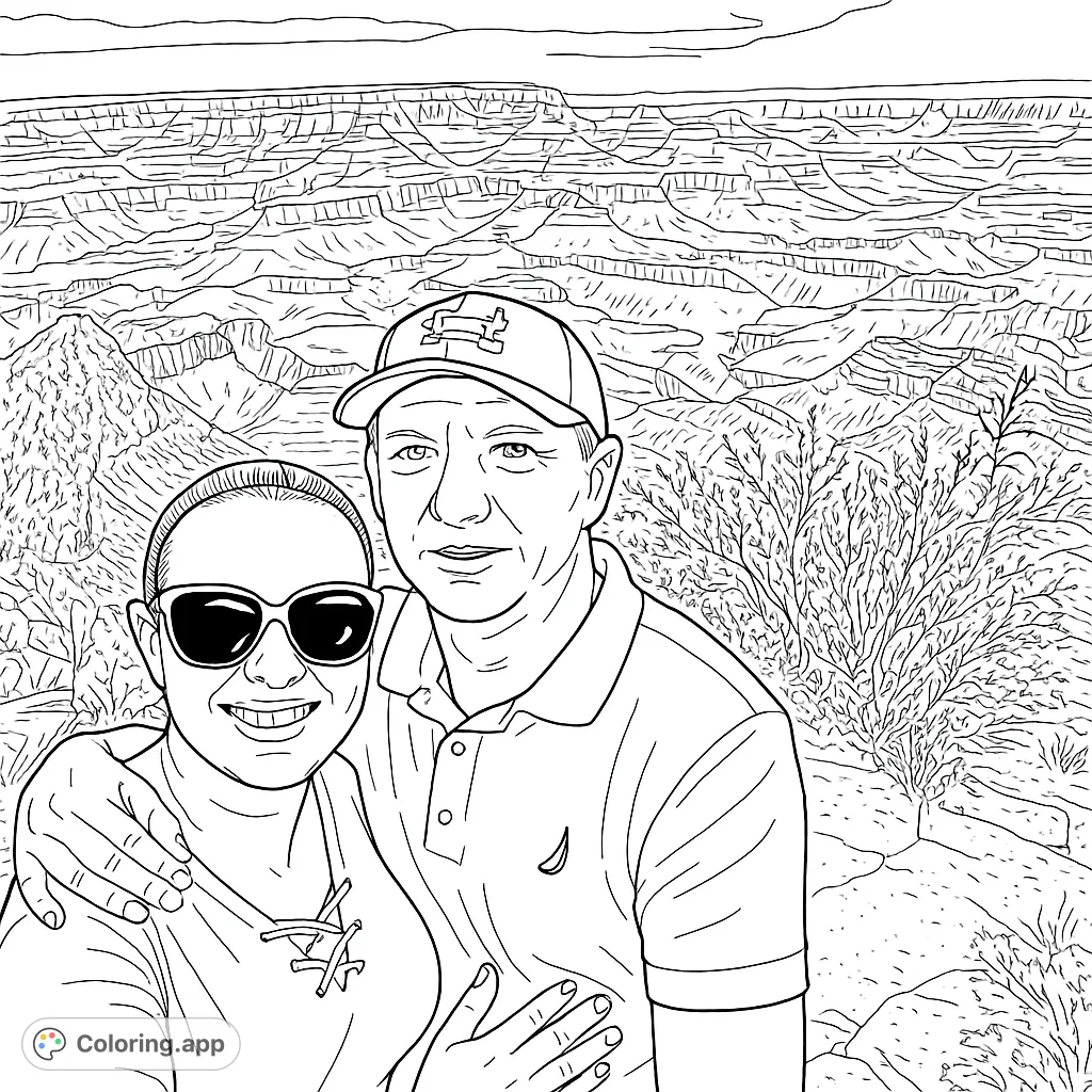 Capture the majestic beauty of a vast canyon landscape with a smiling couple in the foreground. A perfect nature and travel coloring page for all ages.