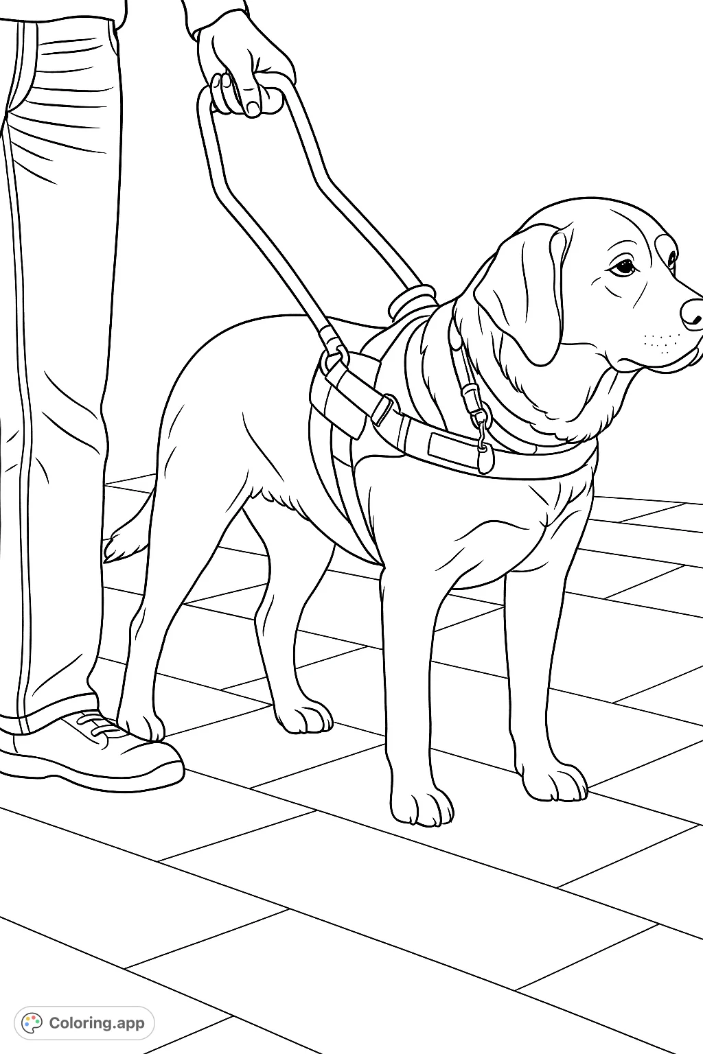 A loyal guide dog assists its human companion on a walk, showcasing a special bond. This free printable guide dog coloring page is perfect for animal lovers.