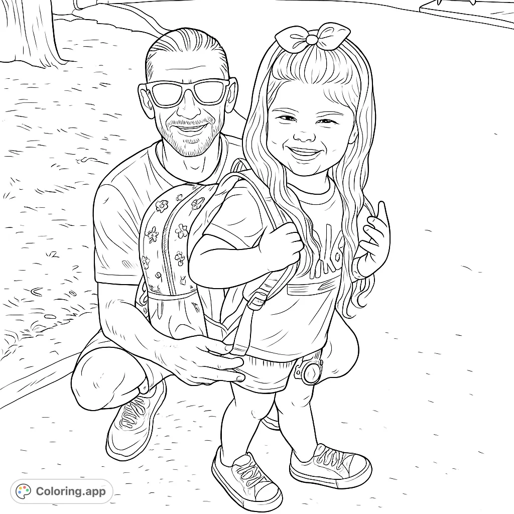 A heartwarming back to school scene with a father and his smiling daughter, ready for adventure with her patterned backpack. Perfect for family themes.