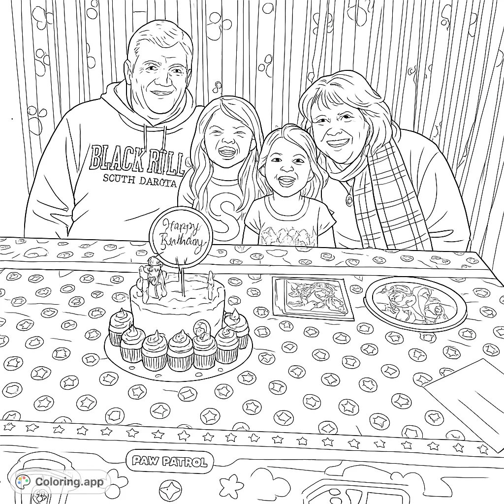 A heartwarming family birthday celebration featuring two adults and two smiling girls around a decorated table with cake and cupcakes. Perfect for happy moments.