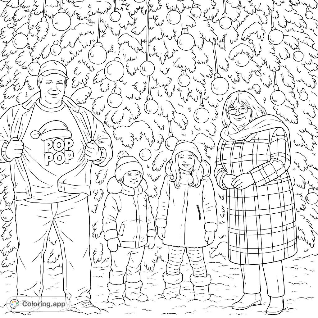 A heartwarming winter scene featuring a family standing together in front of a grand, decorated evergreen tree covered in snow and festive lights.
