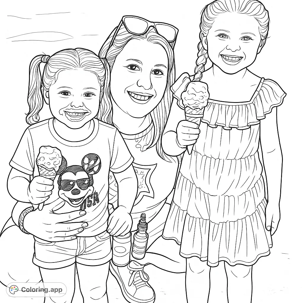 Capture a sweet family moment with a woman and two cheerful girls enjoying ice cream. This fun coloring page is perfect for all ages to personalize.
