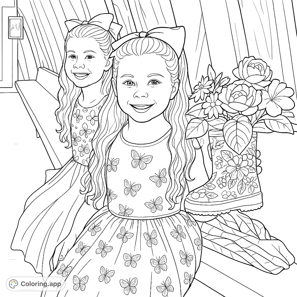 Two joyful girls, one holding a charming boot vase filled with blossoms, pose with sweet smiles. This delightful page is perfect for little ones and spring-themed coloring.