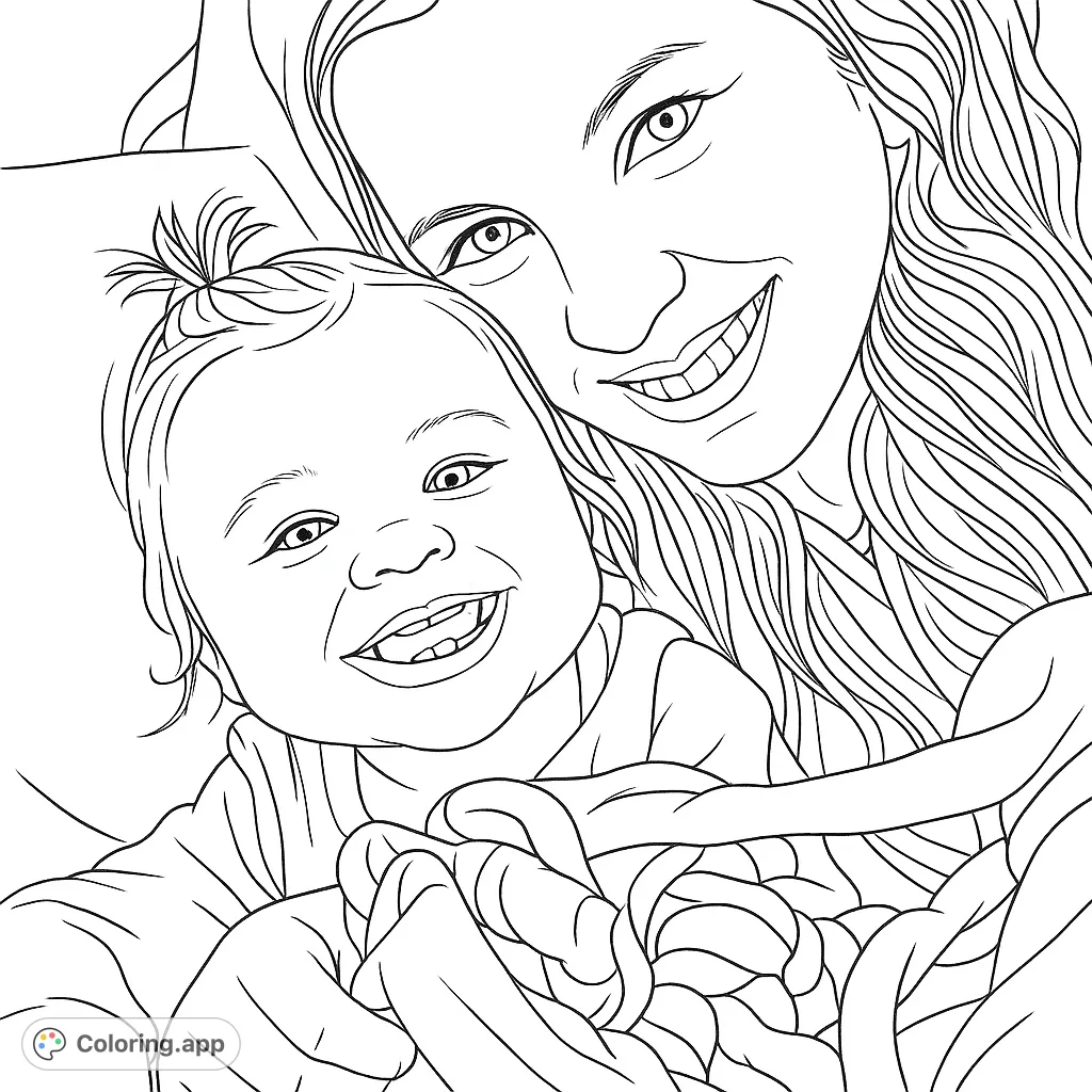 A heartwarming scene featuring a smiling mother and her joyful baby, capturing a precious moment of familial love. Perfect for a tender coloring experience.