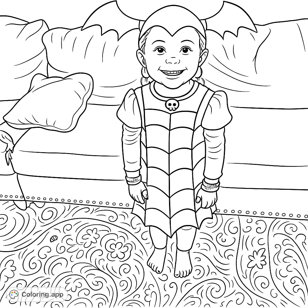 A delightful child in a fun bat-themed costume with spiderweb details, smiling brightly. Perfect for young fans of dress-up and fantasy creatures.