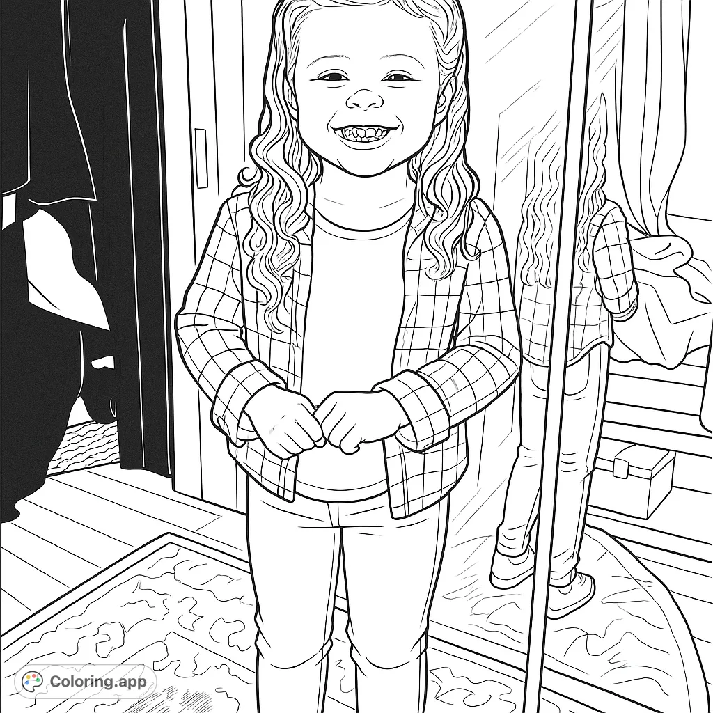 A cheerful child in a plaid shirt and jeans, smiling brightly. This sweet portrait offers a delightful coloring experience for all ages.