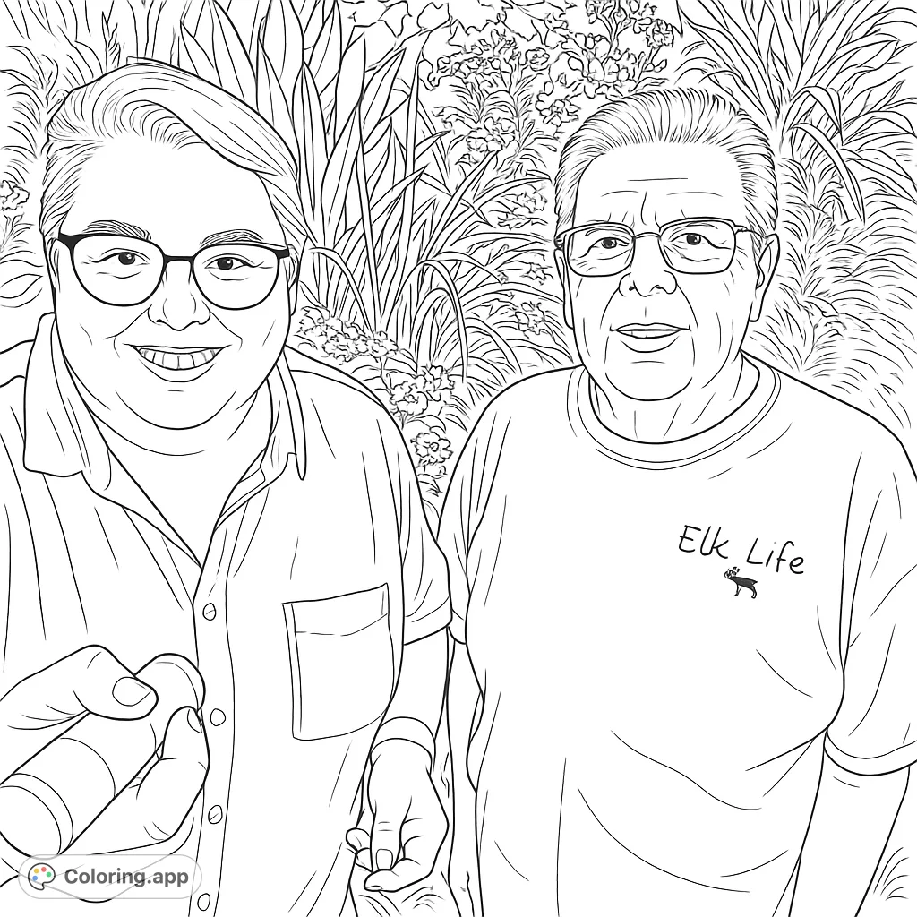 Capture the warmth of friendship in a lush garden setting. This detailed coloring page features two smiling individuals amidst abundant foliage, perfect for relaxation.
