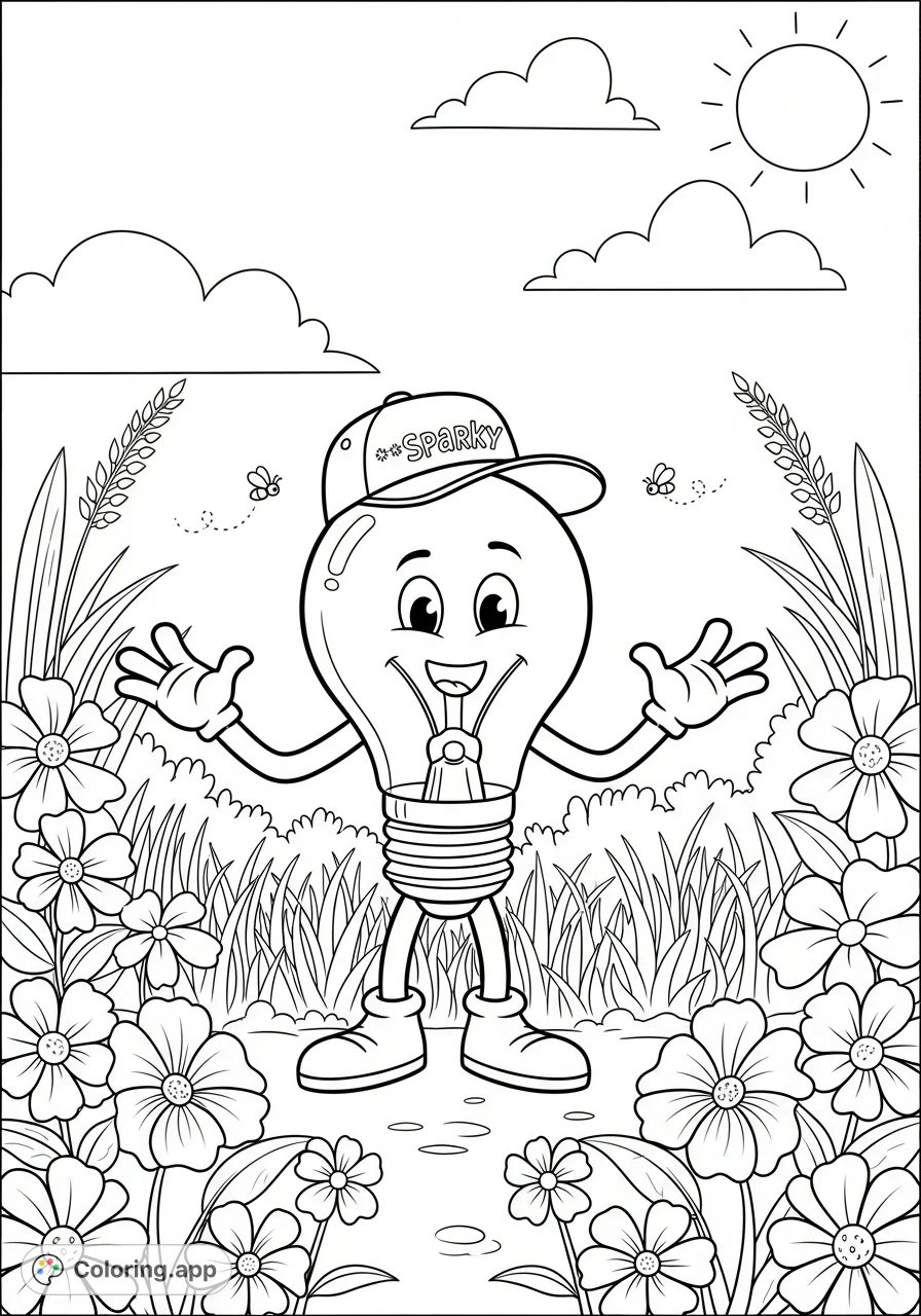 A cute lightbulb character, Mister Sparky, in a baseball hat 'Sparky', enjoys an outdoor spring scene filled with blooming flowers and cheerful nature elements. Perfect for springtime fun!