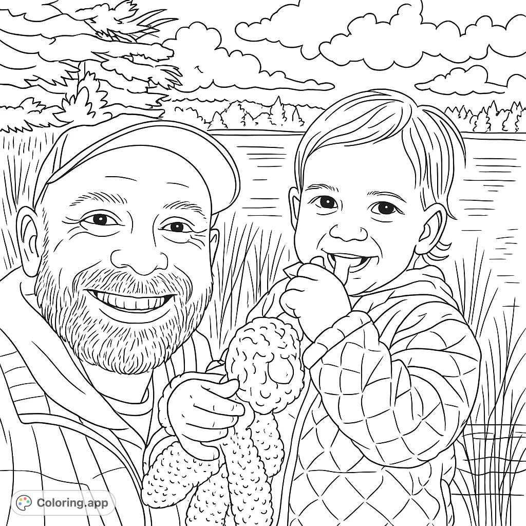 A heartwarming scene of a man and a child smiling by a serene lake, holding a stuffed animal. Perfect for a family-themed coloring page.