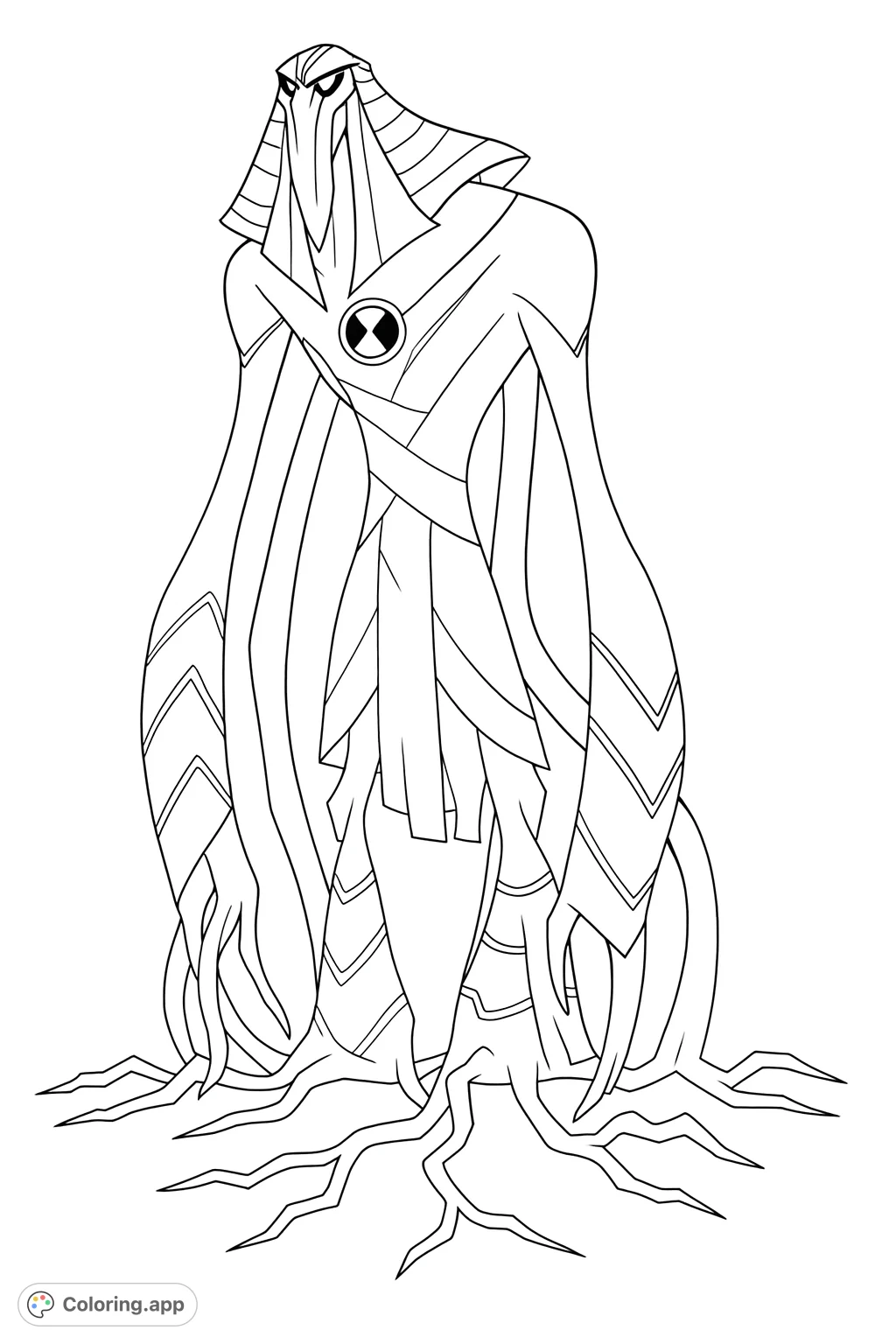 Color a mysterious, tall alien character with a hooded head, flowing, bandaged limbs, unique patterns, and a central emblem. A captivating sci-fi coloring page.
