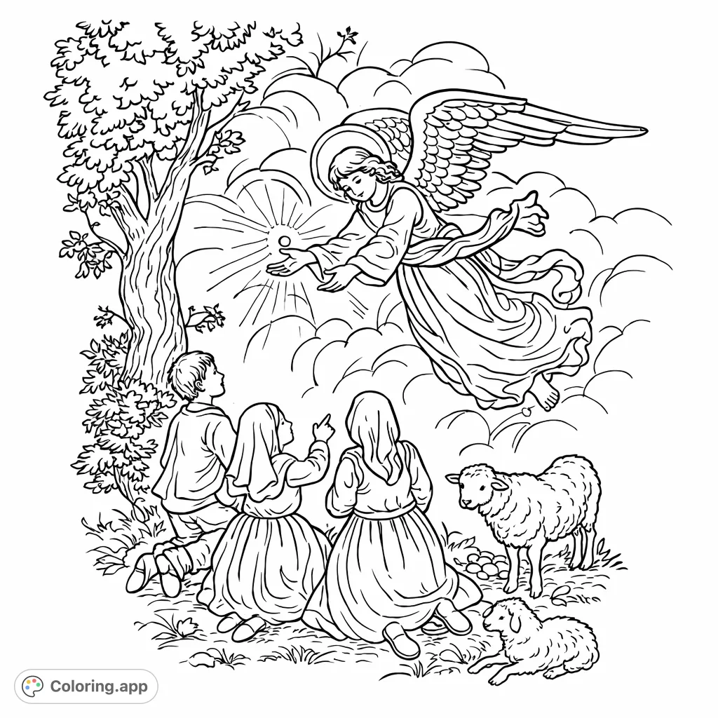 An ethereal angel with flowing robes and majestic wings descends from clouds, bringing a message to three children and their sheep. A heartwarming scene.