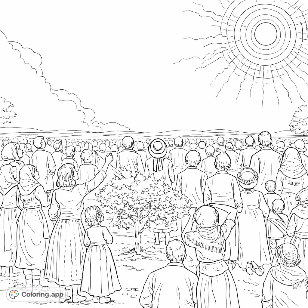 A vast crowd of people, including families, gazes upward at a striking concentric formation in the sky. Engage in this scene of collective wonder and shared experience.