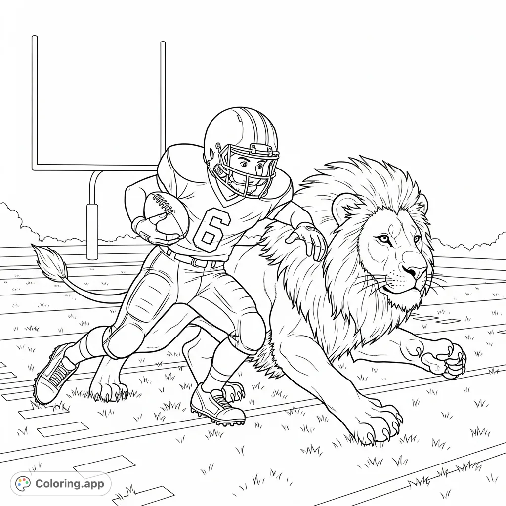 A thrilling youth football coloring page featuring player number 6 tackling a powerful lion on the field, football in hand. A dynamic scene for sports and animal lovers!