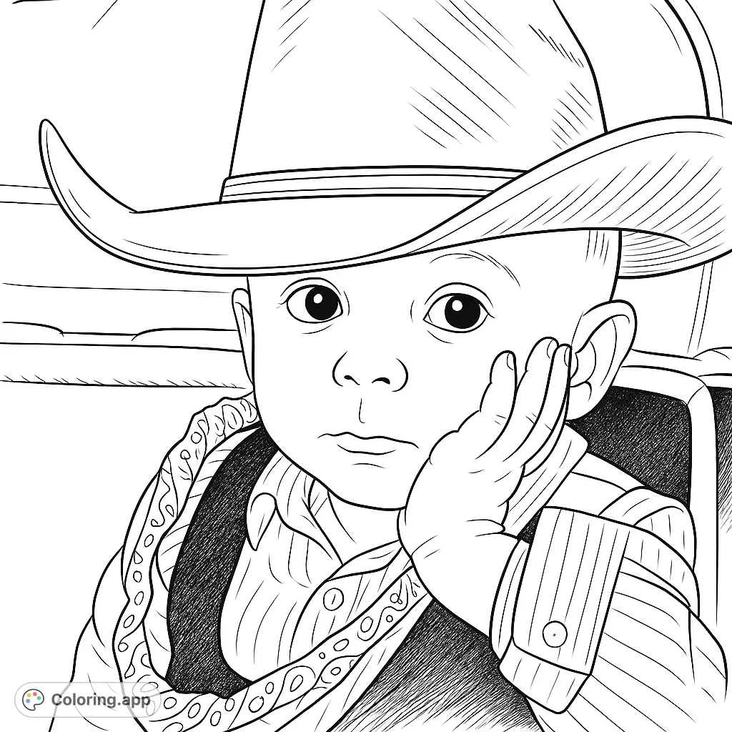 A charming little cowboy in a hat, striped shirt, and bandana, with a thoughtful expression. Perfect for young adventurers and aspiring wranglers.