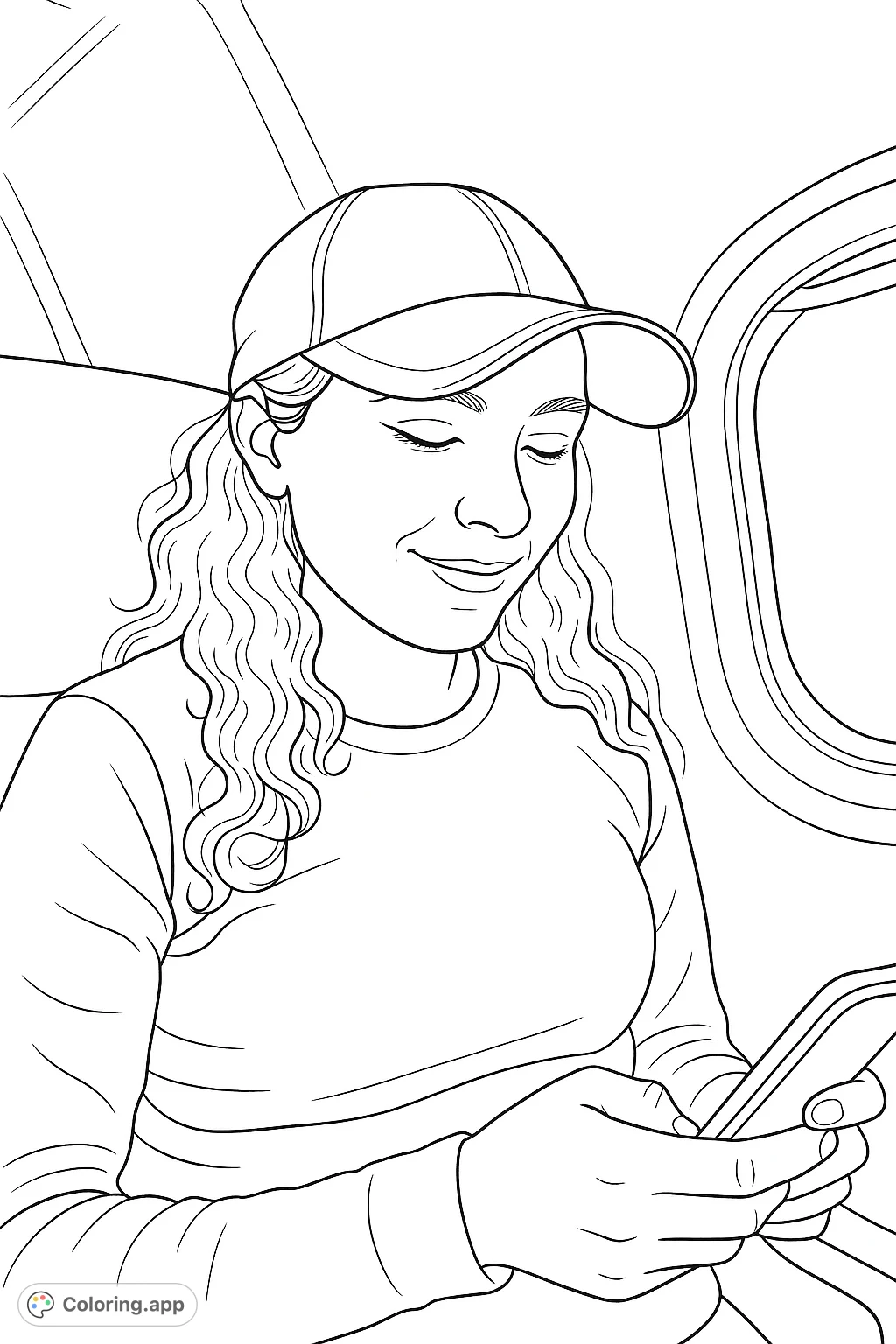 Capture a moment of quiet focus with this coloring page featuring a person in a cap, engrossed in a device. Perfect for a relaxing coloring session.