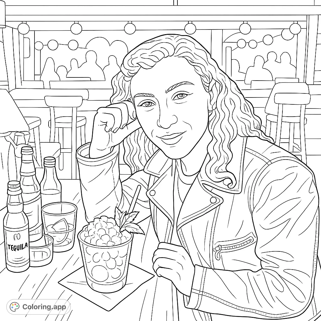 A stylish woman enjoys a cocktail at a dimly lit bar, offering a sophisticated scene for adult coloring page enthusiasts. Perfect for relaxation.