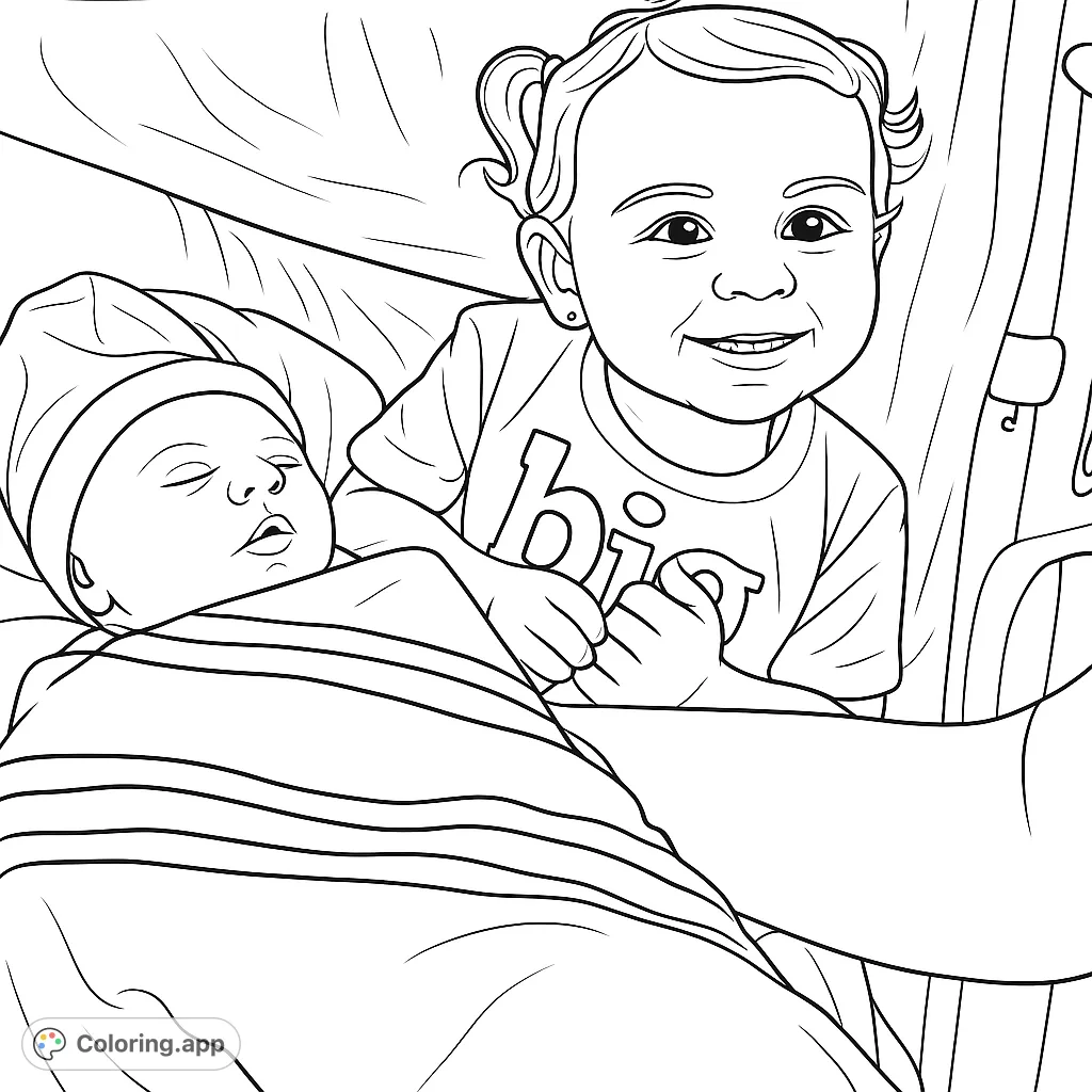 Celebrate new beginnings with this adorable coloring page featuring a proud older sibling meeting their newborn baby brother or sister in a hospital setting.