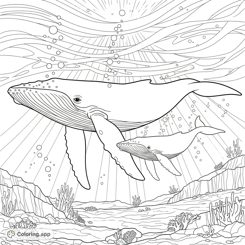 Dive into a serene underwater world featuring a majestic humpback whale and its smaller companion, swimming gracefully amidst ocean currents and marine flora.