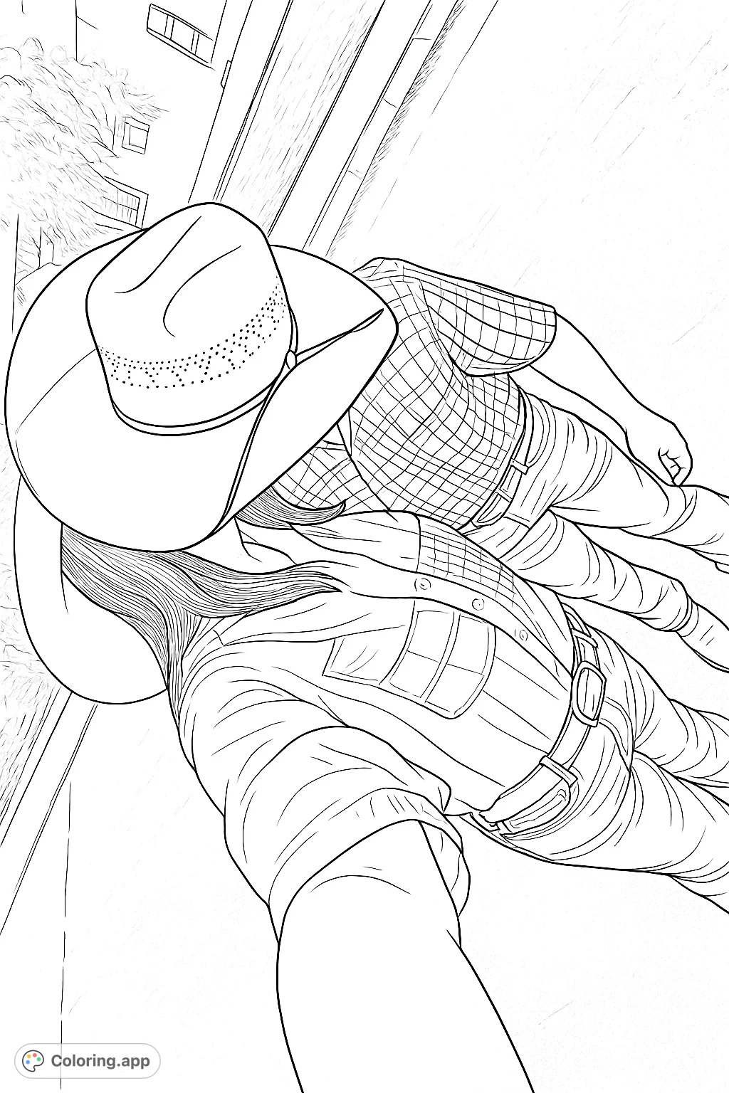 A charming western couple, seen from above, wearing cowboy hats and classic attire. Perfect for a relaxing coloring experience.
