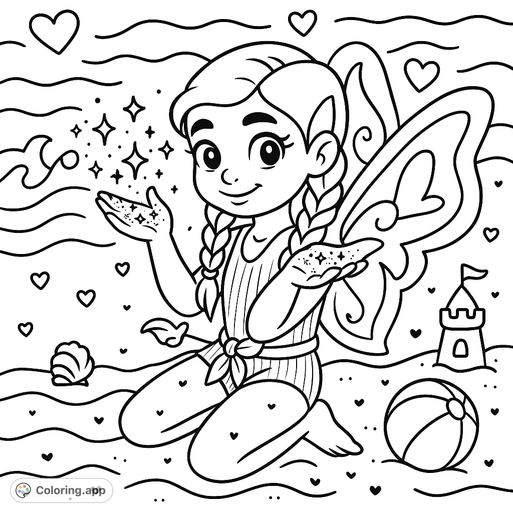 A cartoony girl kneels on a beach with magic sand, surrounded by playful hearts and a mystical sea creature. A simple, fun beach adventure for kids!