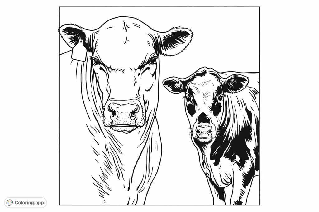 Discover this engaging cow coloring page featuring a large bovine and a smaller, distinctively marked calf, perfect for farm animal enthusiasts.