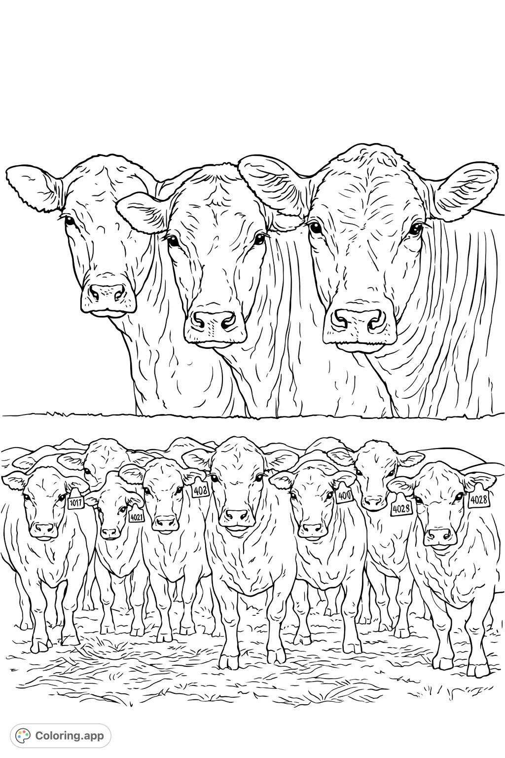 Discover a unique cattle coloring page featuring a close-up trio and a large herd. Perfect for farm animal enthusiasts to explore intricate textures and details.