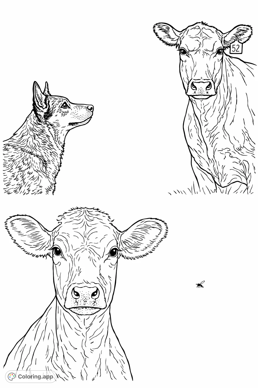 Explore a charming dual-panel coloring page featuring a loyal dog, a stately cow, and an inquisitive calf in their natural settings. Perfect for animal lovers.