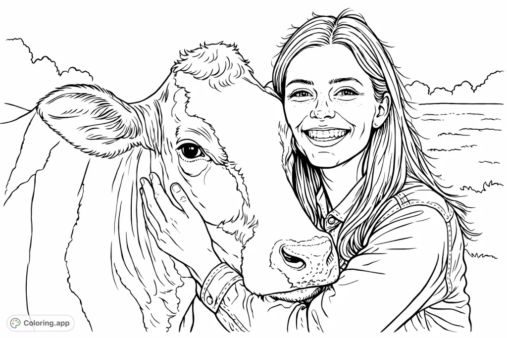 A heartwarming scene of a smiling woman embracing a gentle cow in a field. Perfect for animal lovers and farm enthusiasts seeking a joyful coloring experience.