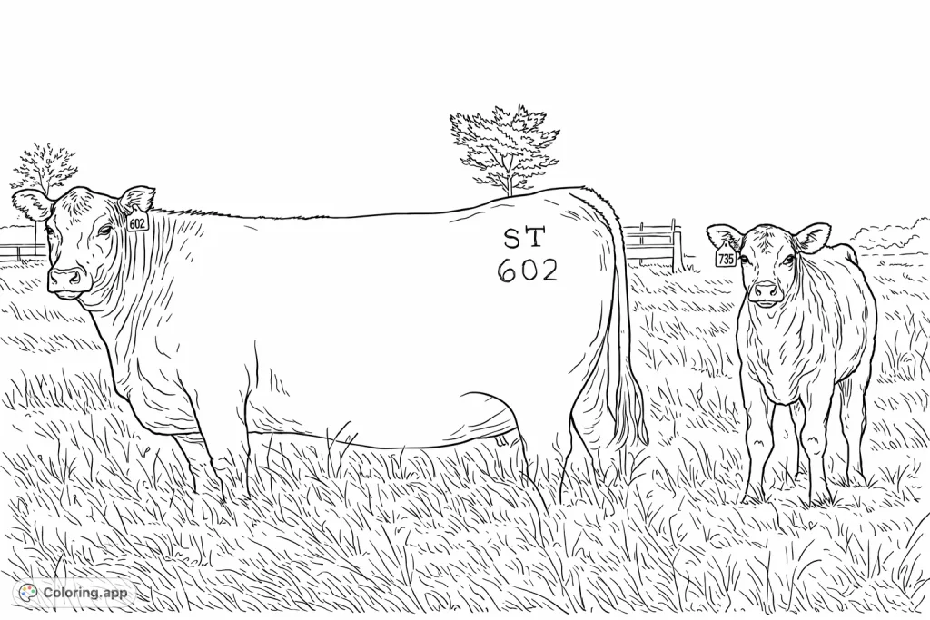 Explore a serene farm scene featuring a majestic adult bovine and a playful calf in a grassy field. Perfect for nature lovers and animal enthusiasts.