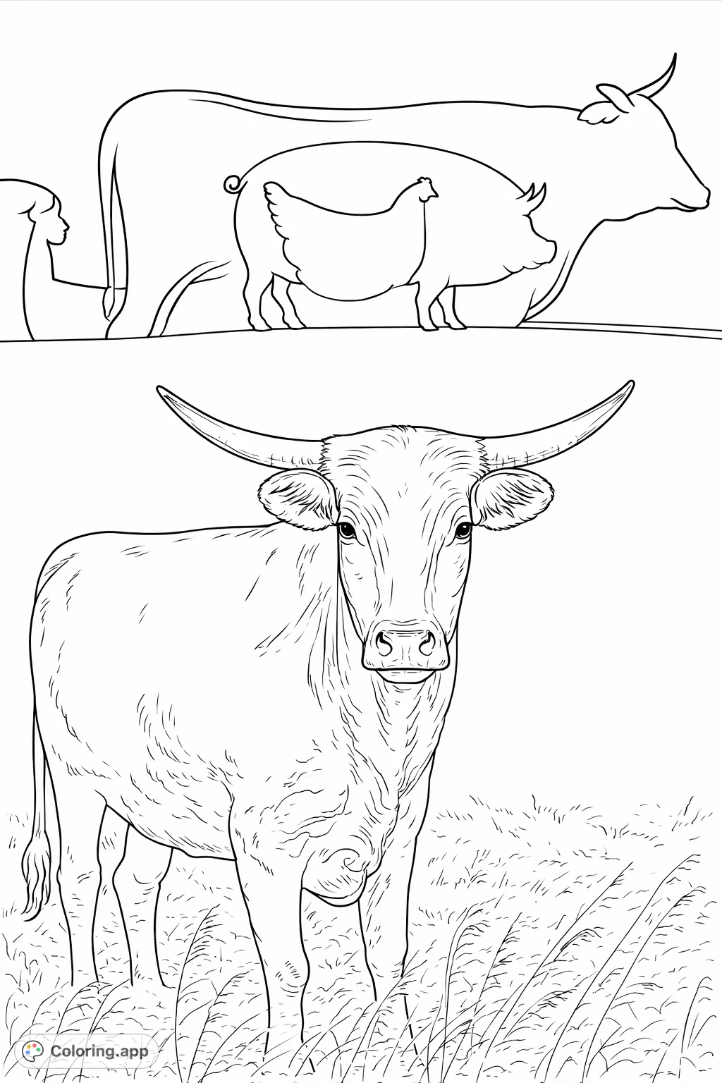 A unique farm animal coloring page featuring a cow, pig, and chicken in a clever nested silhouette design, perfect for all ages.