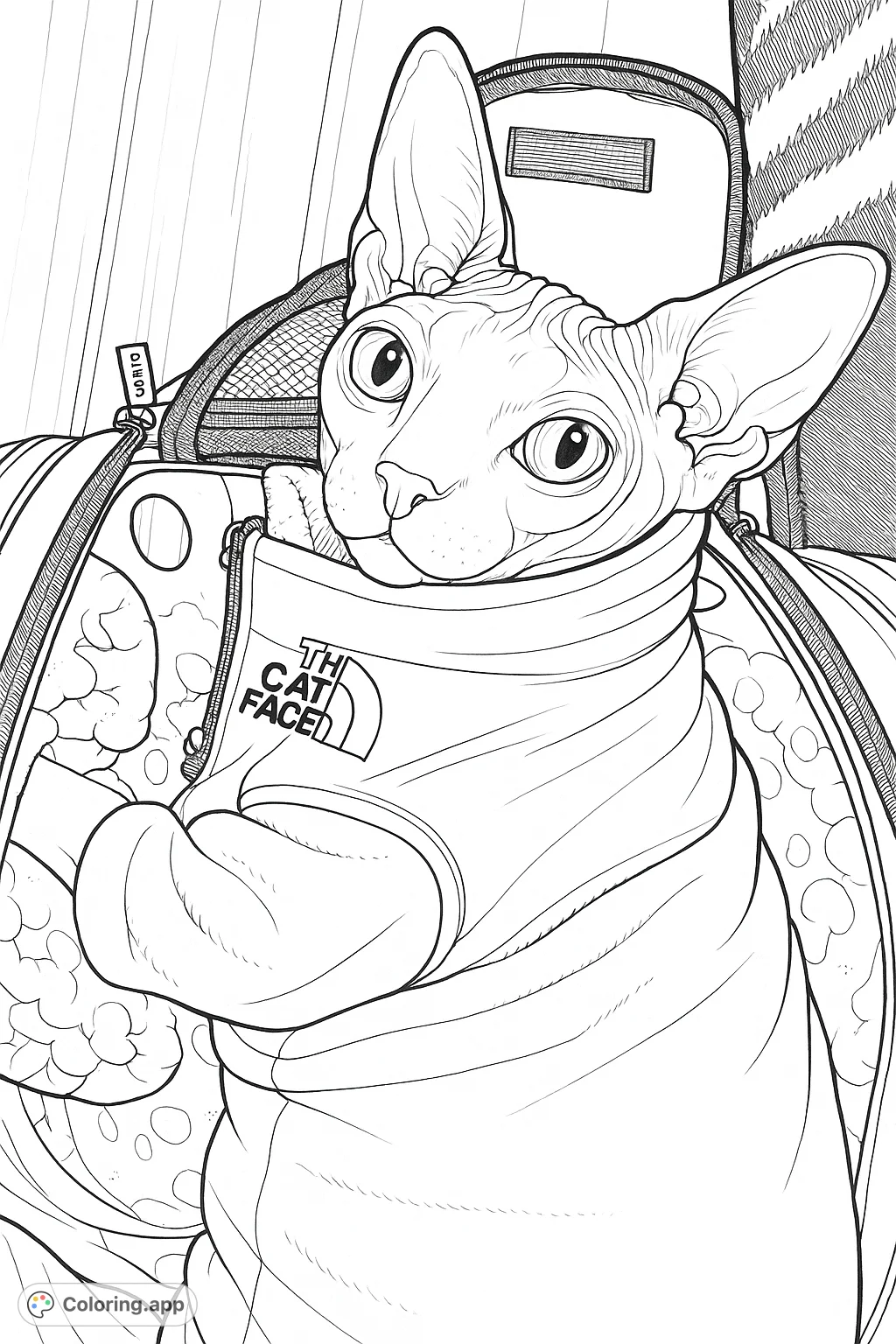 A charming Sphynx cat peeks from its carrier, bundled in a cozy jacket, ready for adventure. A delightful pet coloring page for all ages.