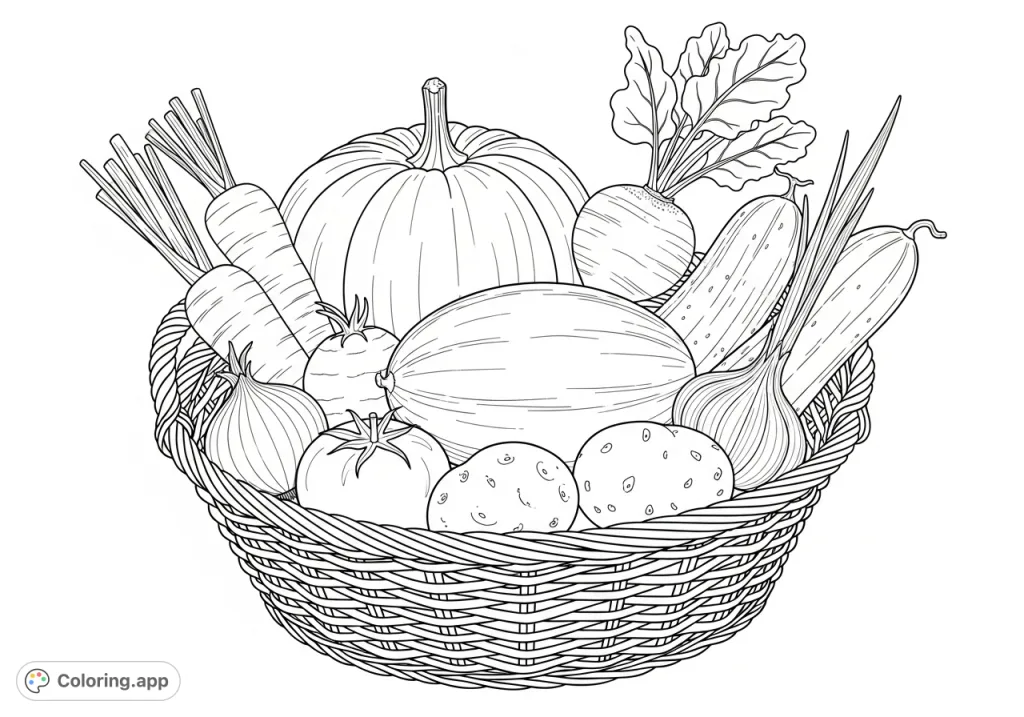 A delightful harvest scene featuring a woven basket overflowing with a variety of garden vegetables like pumpkin, beet, melon, and more. Perfect for all ages.